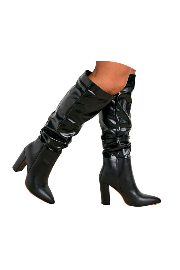 Knee High Boots Women Slouchy Mid Calf Boot Pointed Toe Pull on Block Heel Pumps