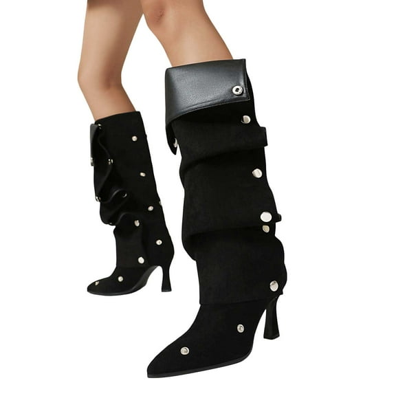 Mostsola Knee High Boots Women Slouchy Pointed Toe Stiletto Heels Adjustable Fashion Long Boots