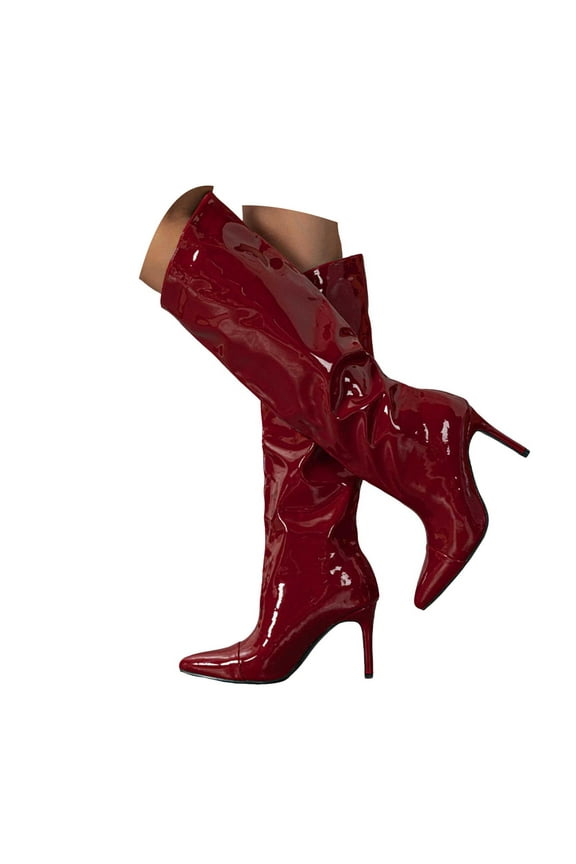 Knee High Boots Women Slouchy Trendy Stiletto Wide Calf Patent Leather Dressy Pumps