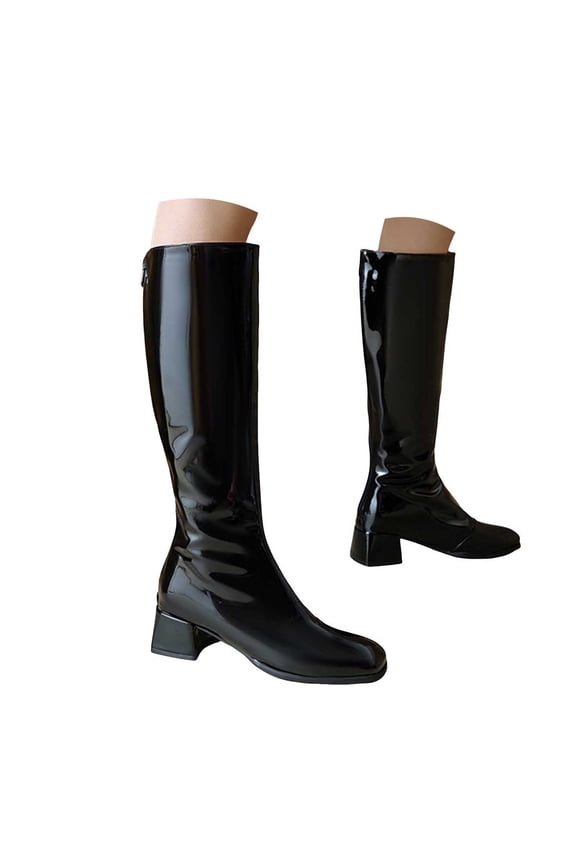 Knee High Boots Women Square Toe Tall Boots Zip up Block Heeled Gogo Boots