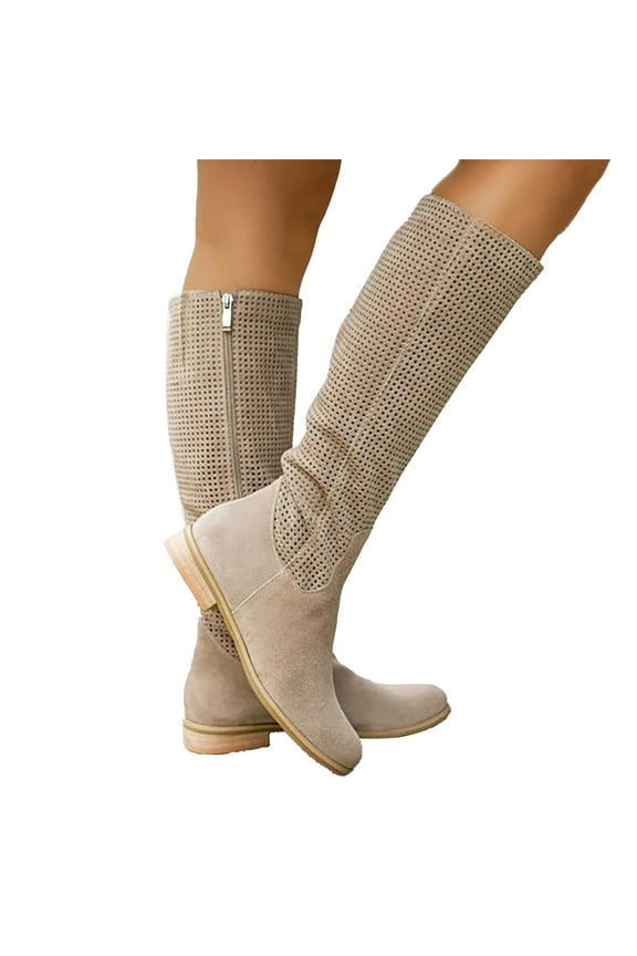 Knee High Boots Women Suede Hollow out Breathable Zipper Tall Booties Mid Calf Boots