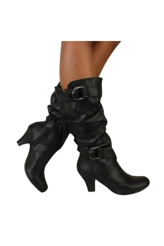 Knee High Boots for Women Wide Calf Slouchy Mid Calf Boots Vintage Buckle Strap Heels