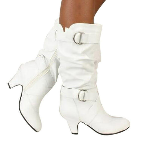 Mostsola Knee High Boots for Women Wide Calf Slouchy Mid Calf Boots Vintage Buckle Strap Heels