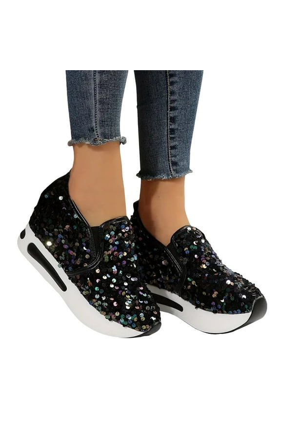 Loafers for Women Sequin Fashion Womens Sneakers Platform Slip on Shoes Wedges Heels