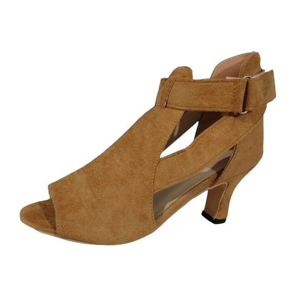 Mostsola Low Heel Sandals for Women Peep Toe Hollow Out Adjustable Ankle Strap Suede Sandals Brown 5.5