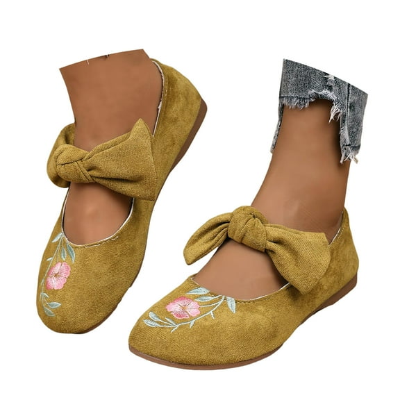 Mostsola Mary Jane Shoes Women Suede Embroidery Floral Dressy Bowknot Slip on Ballet Flats Shoes