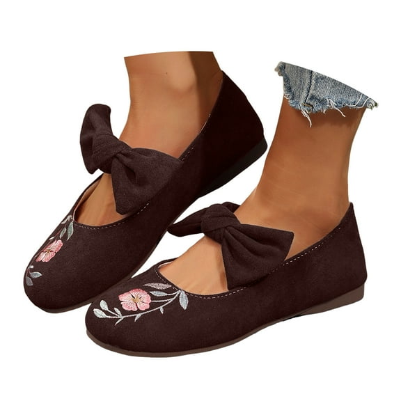 Mostsola Mary Jane Shoes Women Suede Embroidery Floral Dressy Bowknot Slip on Ballet Flats Shoes