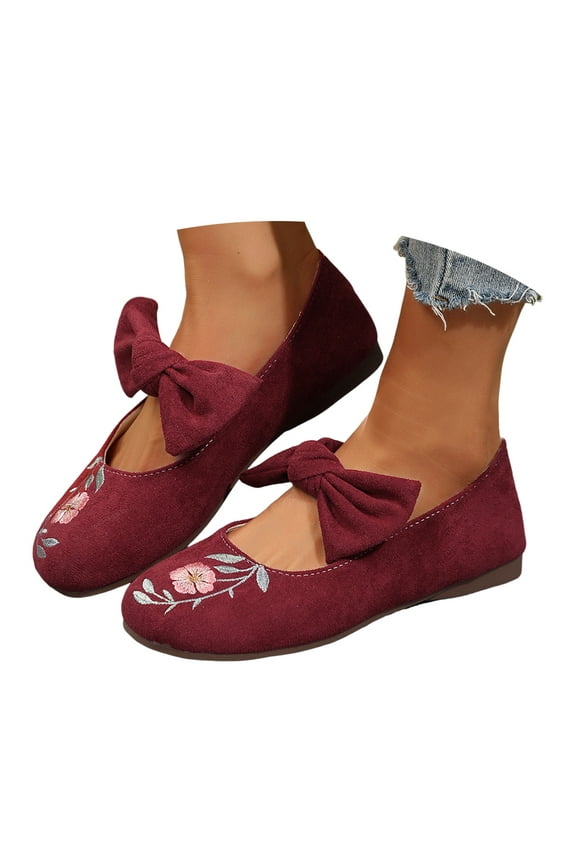 Mary Jane Shoes Women Suede Embroidery Floral Dressy Bowknot Slip on Ballet Flats Shoes