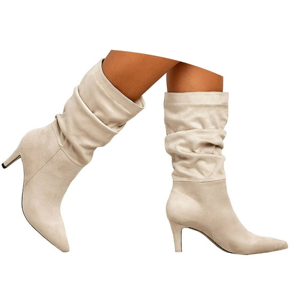 Mostsola Mid Calf Boots for Women Slouchy Pull on Kitten Heel Pointed Toe Suede Long Boots