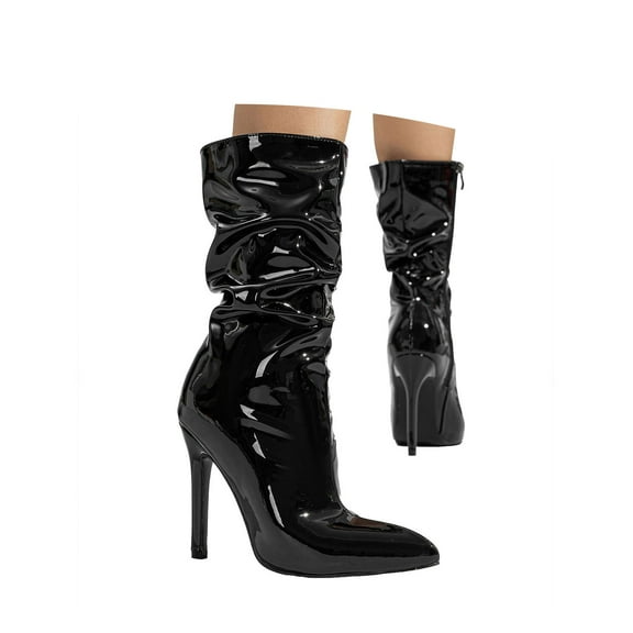 Mostsola Mid Calf Boots for Women Slouchy Stiletto Pointy Toe Sexy Patent Leather Zipper Heels