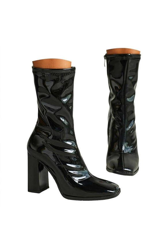 Mid Calf Boots for Women Square Toe Faux Patent Leather Block Heel GoGo Boots with Zipper