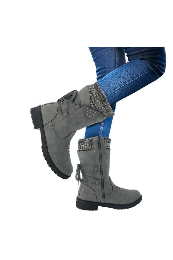 Mid Calf Snow Boots for Women Suede Vintage Lace up Tall Boots Winter Warm Zipper Booties
