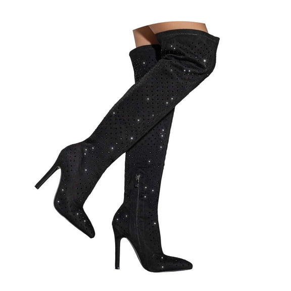 Mostsola Over the Knee Boots for Women with Zipper Pull on Suede Rhinestone Trendy Stiletto