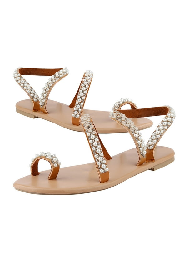 Pearl Strappy Sandals for Women Summer Beach Dressy Shoes Casual Clip Toe Ring Flats