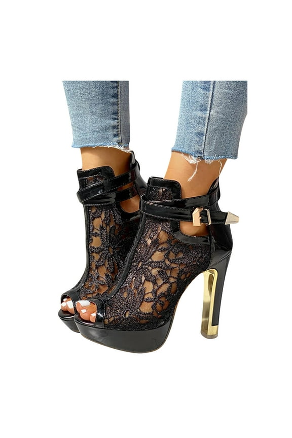 Peep Toe Sandals for Women 2025 Lace Mesh Stiletto Heels Summer Zipper Platform Dress Shoes