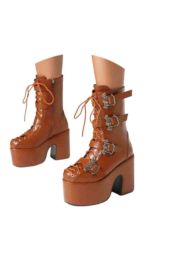 Platform Boots for Women Black Lace up Block Ankle Punk Gothic Combat Boots