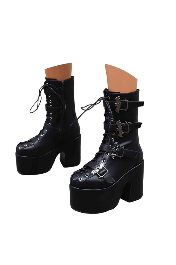 Platform Boots for Women Black Lace up Block Ankle Punk Gothic Combat Boots