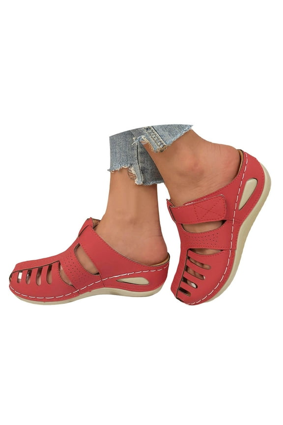 Women's Wedge Sandals Closed Toe Comfortable Hook and Loop Cut out Caged Summer Roman Shoes