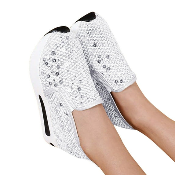 Mostsola Platform Sneakers for Women Slip on Loafers Glitter Sequin Mesh Tennis Shoes Walking Shoes