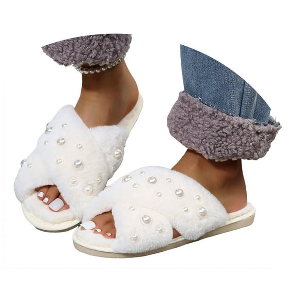 Mostsola Plush Pearl Slippers for Women Cross Band Indoor House Slippers Memory Foam Slip on Shoes