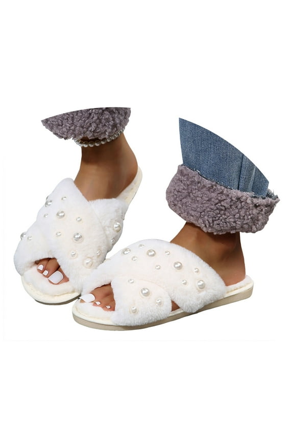 Plush Pearl Slippers for Women Cross Band Indoor House Slippers Memory Foam Slip on Shoes
