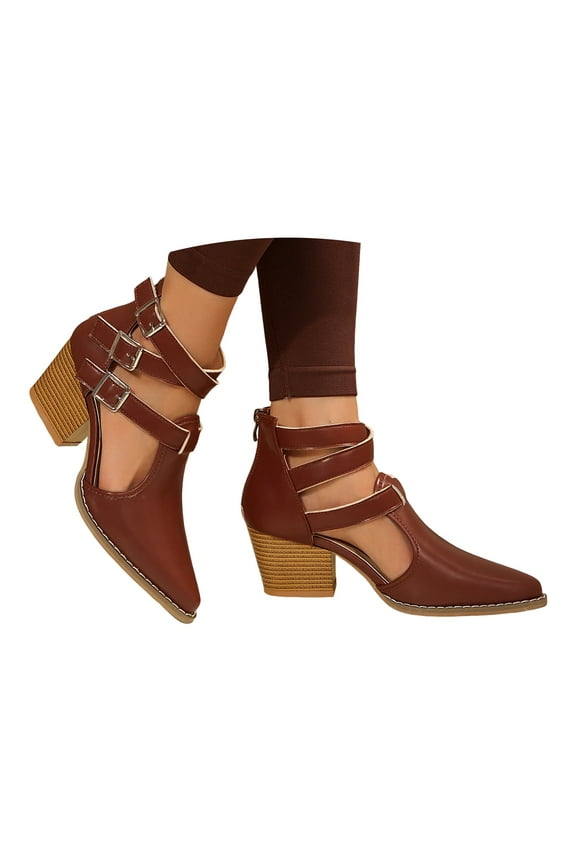 Pointed Toe Heels for Women Metal Buckle Strappy Sandals Stacked Heel Pumps Shoes