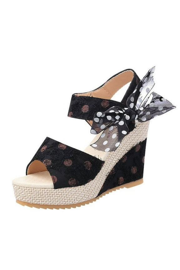 Polka Dot Wedge Heel Platform Sandals for Women Peep Toe High Heel Sandals Bow Ankle Strap