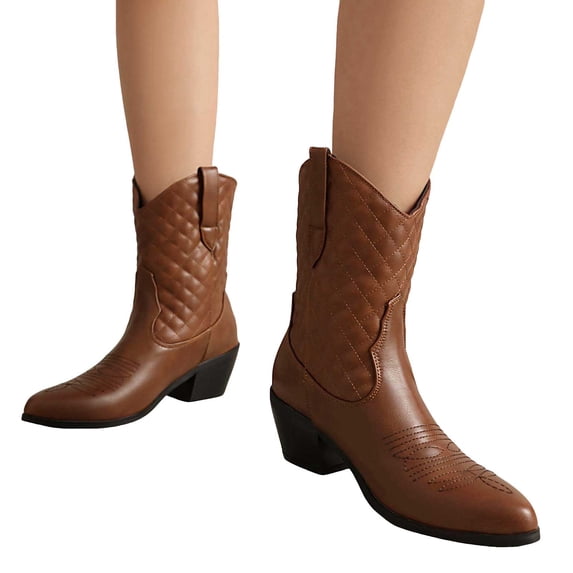 Mostsola Quilted Cowboy Boots for Women Fashion Pointed Toe Heel Pull on Western Booties