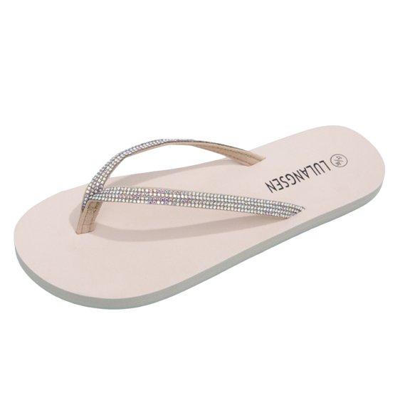 Mostsola Rhinestone Glitter Flop Flops for Women PU Leather Summer Beach Flat Sandals Comfort Slides