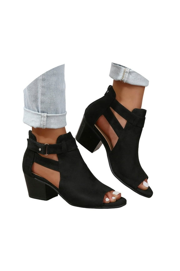 Sandals for Women 2025 Suede Summer Boots Peep Toe Ankle Strap Heels Zipper Dress Shoes