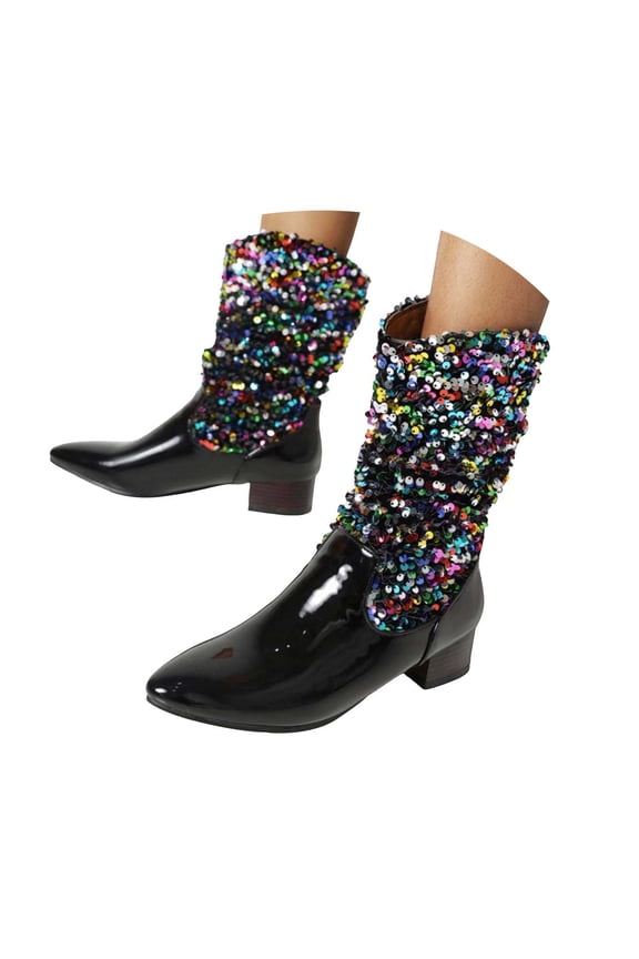 Sequin Boots for Women Fashion Glitter Pointed Toe Western Boot Heel Pull on Booties