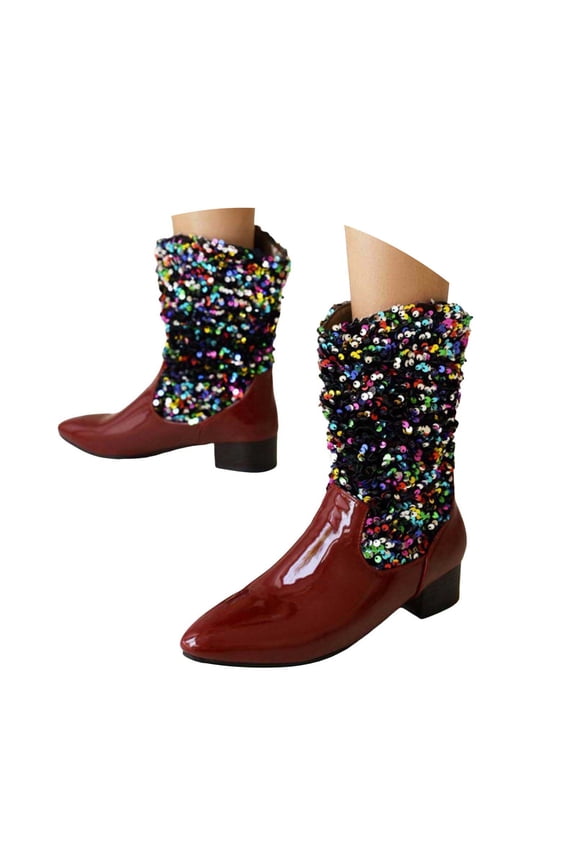 Sequin Boots for Women Fashion Glitter Pointed Toe Western Boot Heel Pull on Booties