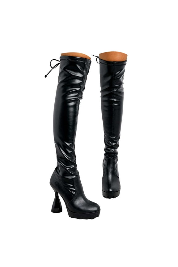 Sexy Thigh High Boots Women Platform Heels Pull on Lace up Knee High Boots