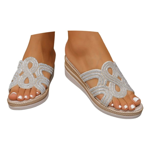 Mostsola Slides for Women Open Toe Elegant Rhinestone Wedge Sandals Slip on Shoes Slippers