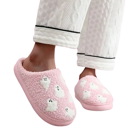 Mostsola Slippers for Women Funny Pumpkin Ghost Print Plush Cozy Indoor House Slippers Slip on Shoes