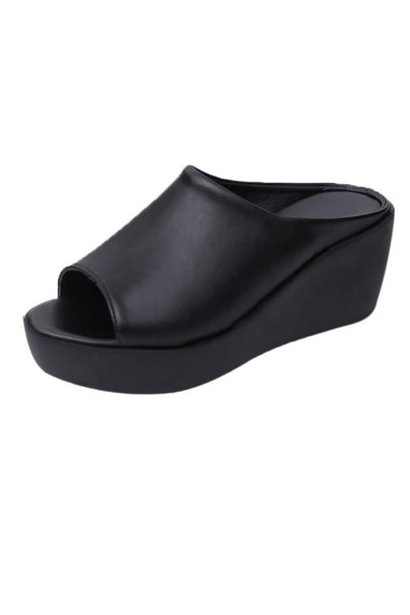 Slippers for Women Wedge Platform Sandals Peep Toe Slip on Slides Black Heels