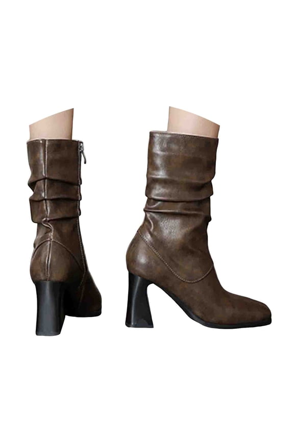 Slouchy Ankle Boots for Women Mid Calf High Heel Zip up Block Heel Fall Boots