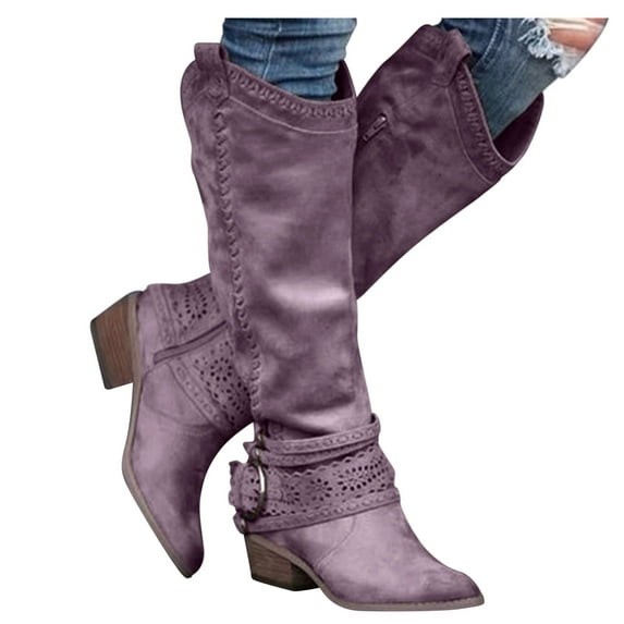 Mostsola Slouchy Knee High Boots Women Retro Buckle Strap Cowboy Boots Wide Calf Mid Calf Boots