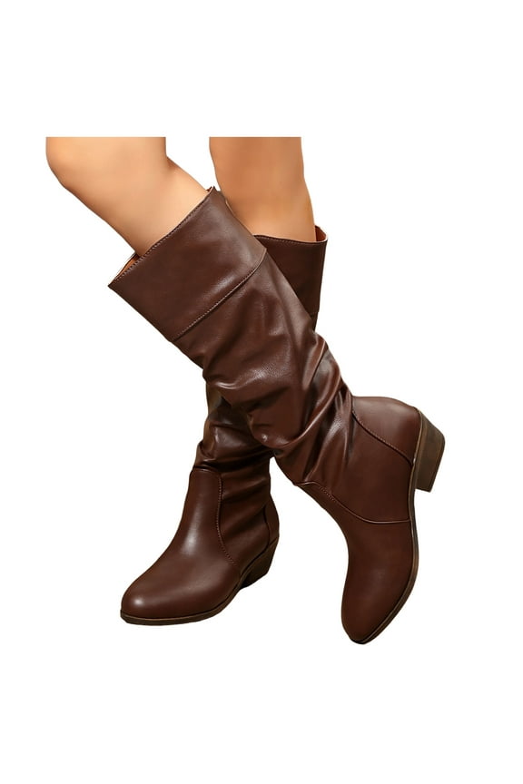 Slouchy Knee High Boots Women Vintage Heeled Western Booties Casual Fall Mid Calf Boots