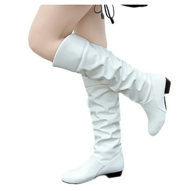 Mostsola Slouchy Knee High Boots for Women Pull on Round Toe Low Heel Tall Booties Mid Calf Boots