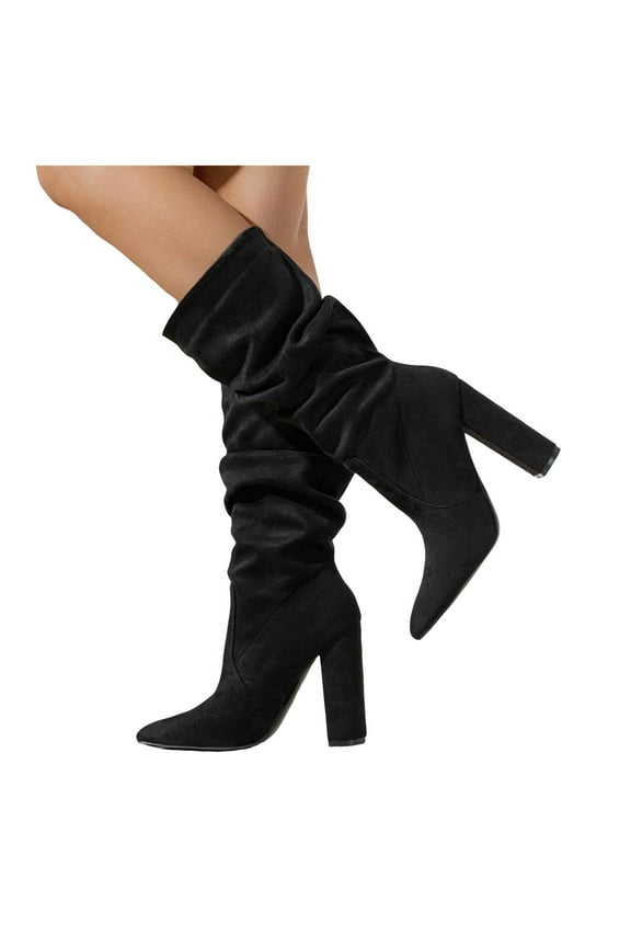 Slouchy Mid Calf Boots for Women Heel Trendy Winter Boots Pull on Long Booties