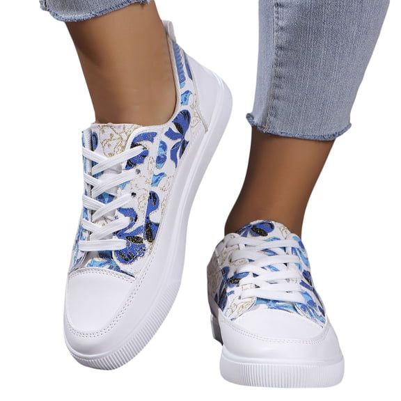 Mostsola Sneakers for Women Print Canvas Loafers Lace up Walking Shoes Platform Tennis Shoes