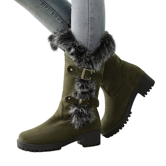 Mostsola Snow Boots for Women Fuzzy Buckle Warm Mid Calf Boots Lug Sole Heel Winter Boots