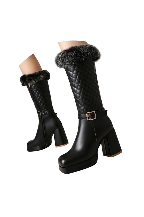 Snow Boots for Women Plush Platform Heels Square Toe Fashion Quilted Mid Calf Boots