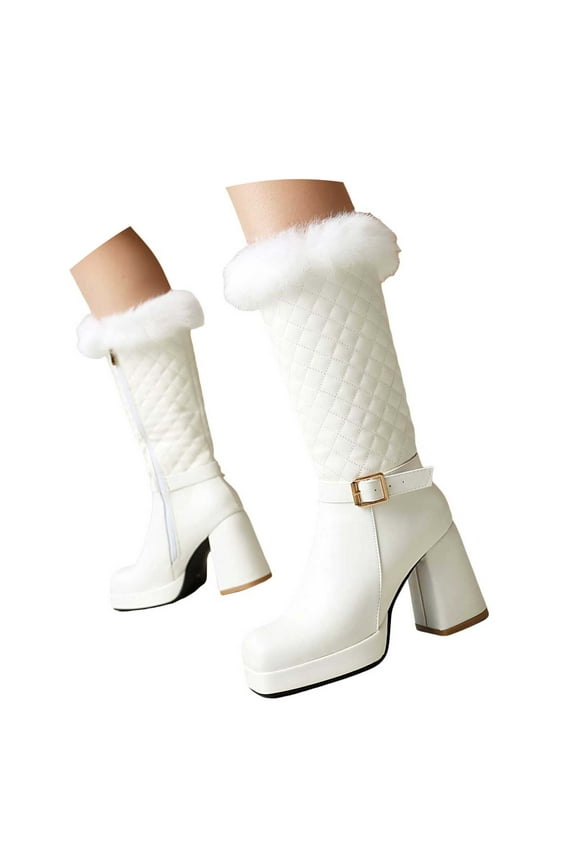 Snow Boots for Women Plush Platform Heels Square Toe Fashion Quilted Mid Calf Boots