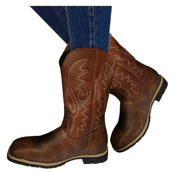 Mostsola Square Toe Cowboy Boots for Women Embroidered Pull on Western Boots Cowgirl Mid Calf Boots
