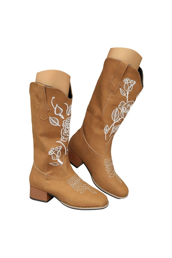 Square Toe Cowboy Boots for Women Floral Embroidered Cowgirl Western Boots Wide Calf Boots
