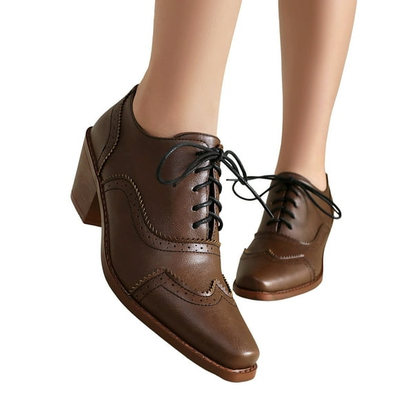 Mostsola Square Toe Oxford Shoes for Women Heel Lace up Wingtip Vintage Dress Pumps Shoes Brown 8.5