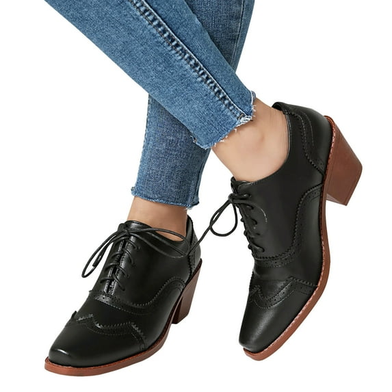 Mostsola Square Toe Oxford Shoes for Women Heel Lace up Wingtip Vintage Dress Pumps Shoes Black 5.5