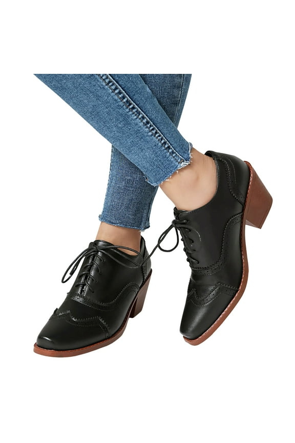 Square Toe Oxford Shoes for Women Heel Lace up Wingtip Vintage Dress Pumps Shoes Black 11